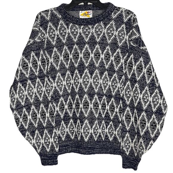 Vintage Poplar Knit Sweater Navy White Diamond Geometric Pattern Men XL 1980-90s - Picture 1 of 5
